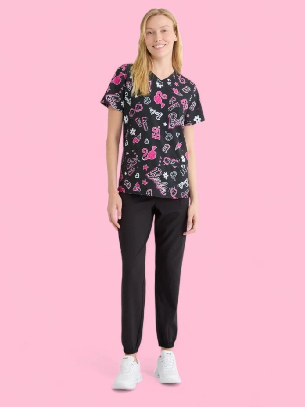 Barbie Scrub Top Women 2XL Small Black Pink Dream Medical Nursing Uniform